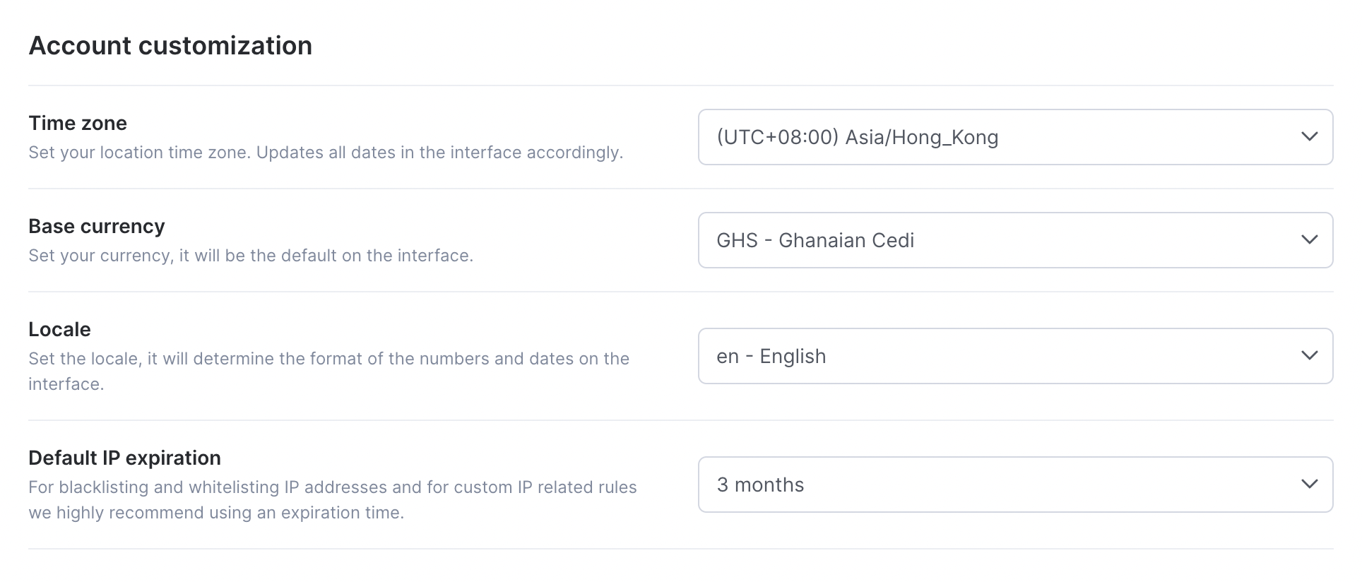 Account customization settings on the General tab of System settings