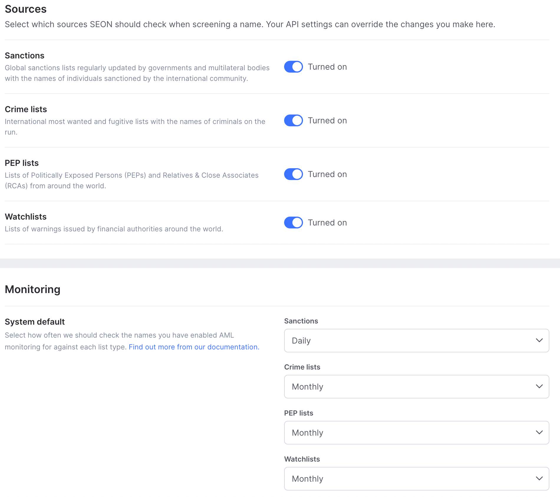 AML source and monitoring settings modal