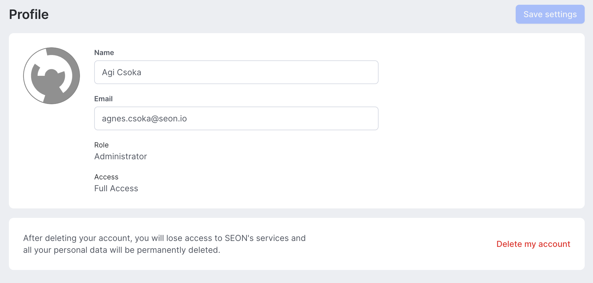 Profile tab with an overview to your SEON account