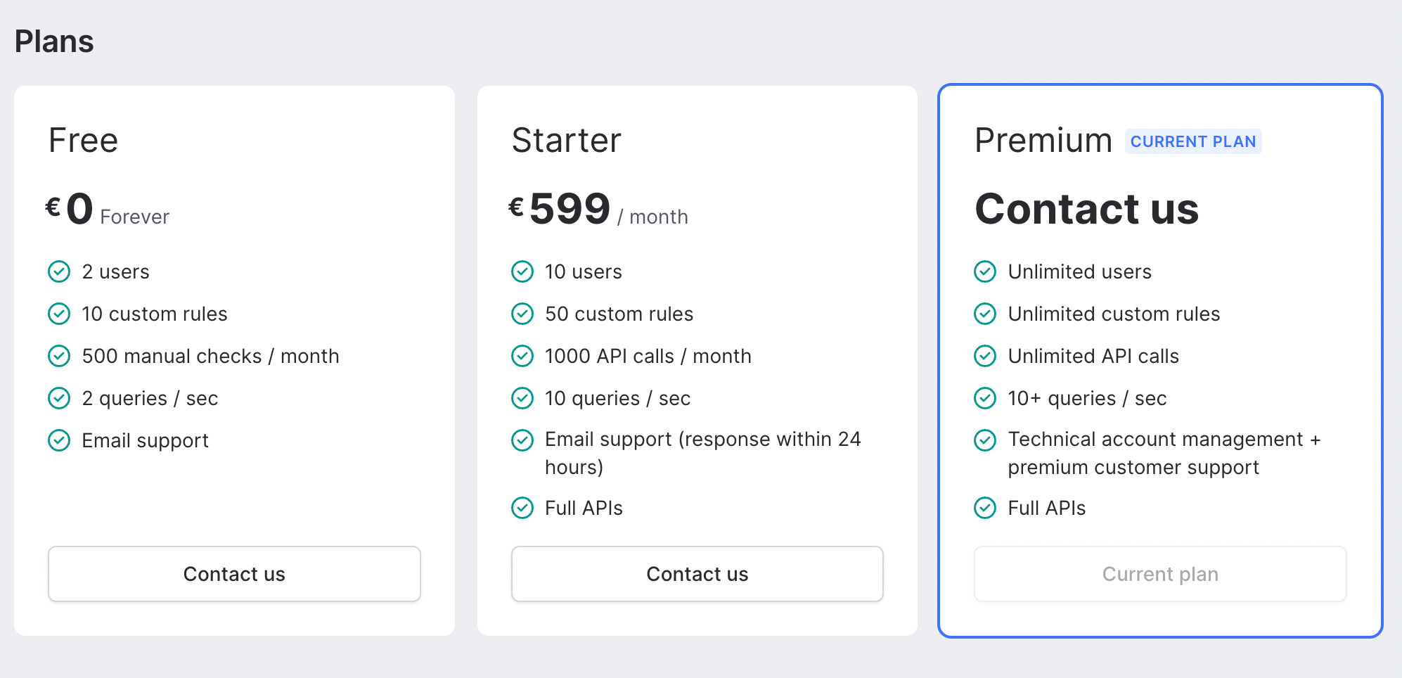 Different pricing plans you can choose in SEON