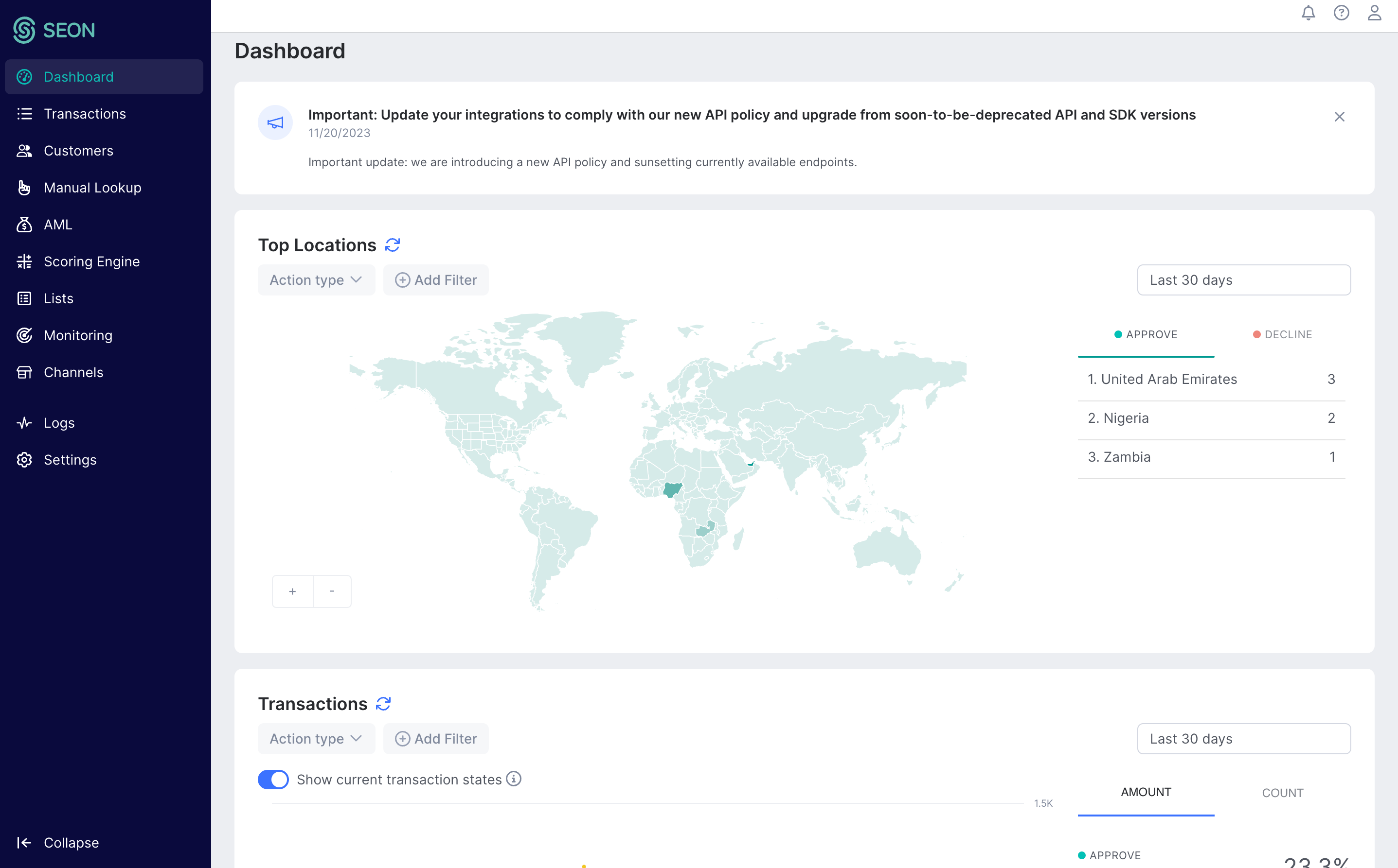 SEON Admin panel screenshot