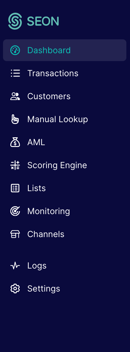 SEON Admin panel sidebar view