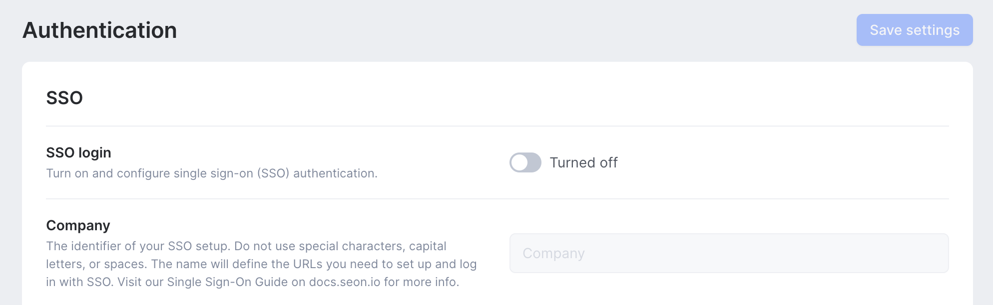 Enabling SSO for your SEON team from the Settings page