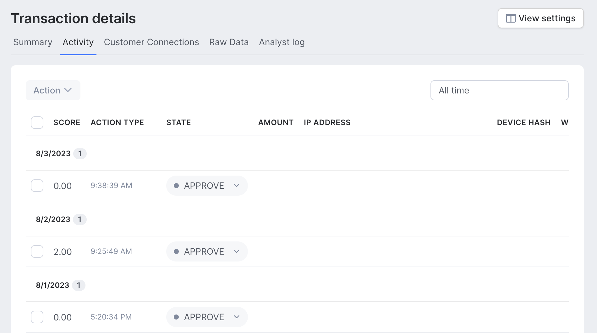 Customer activity tab on the Transaction details page 