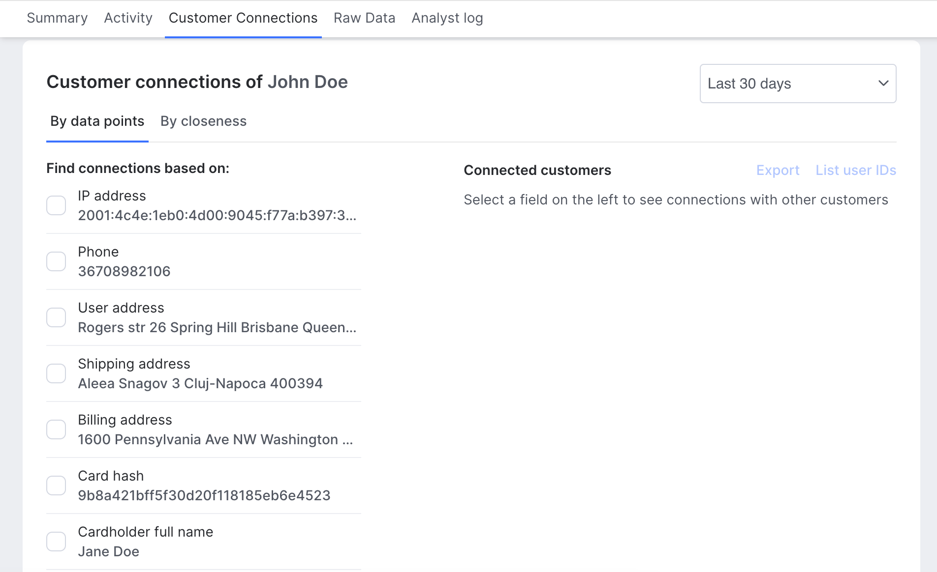 Customer connections tab on the Transaction details view