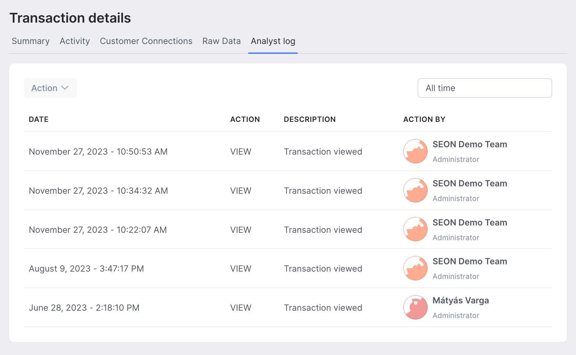 Analyst log tab on the Transaction details view