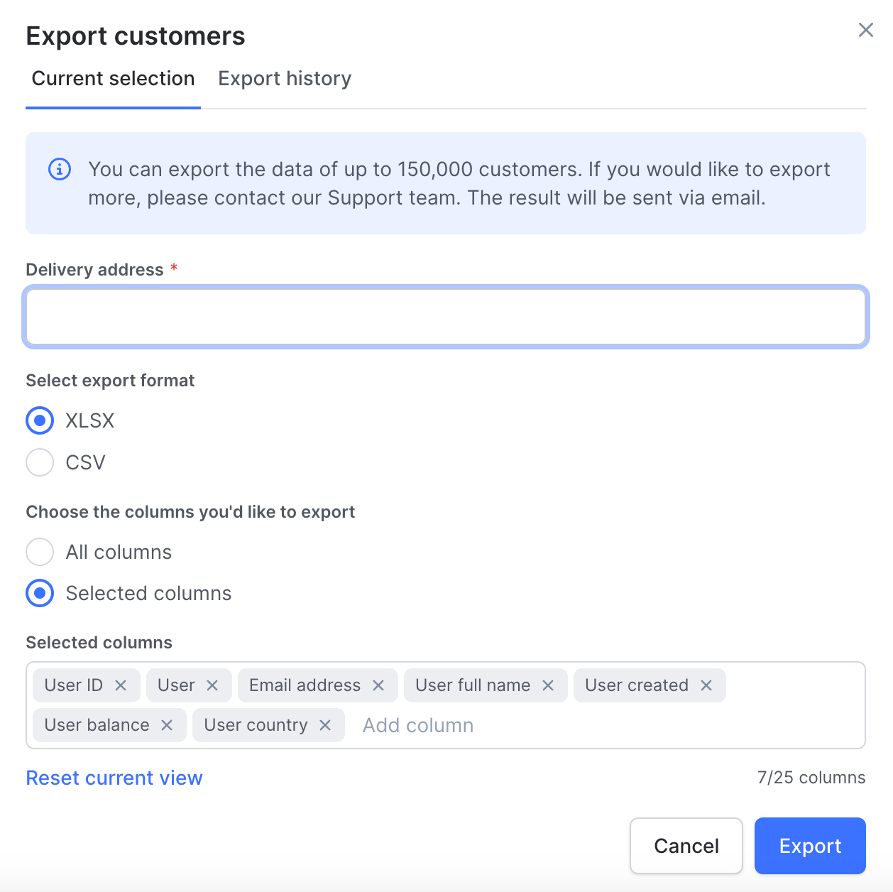 Exporting customers from the Customers page